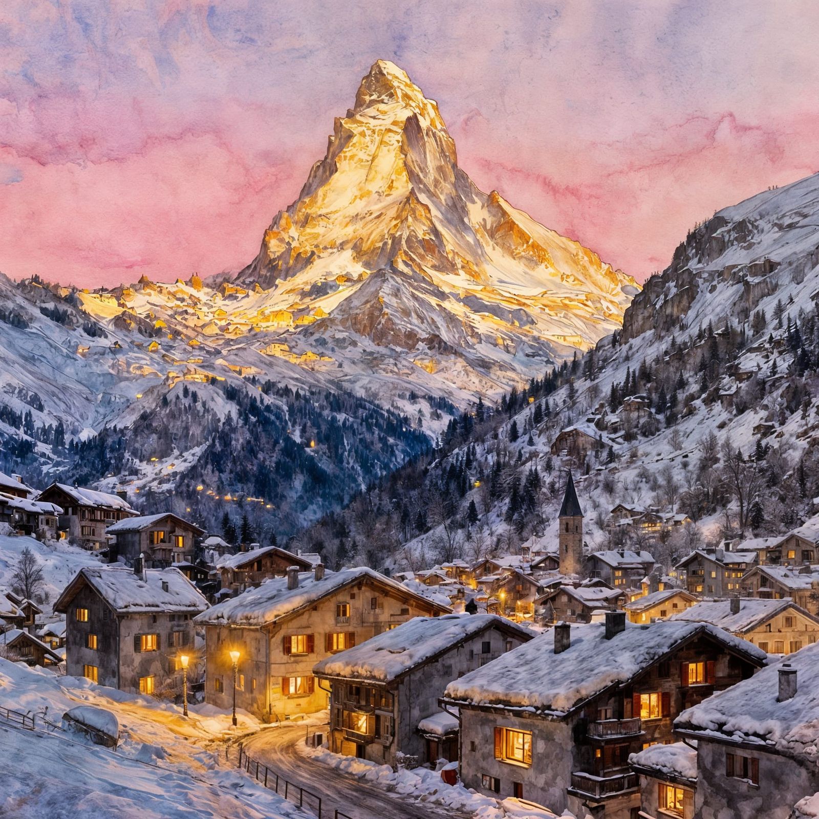 Swiss Alps and Matterhorn Twilight Watercolour Painting