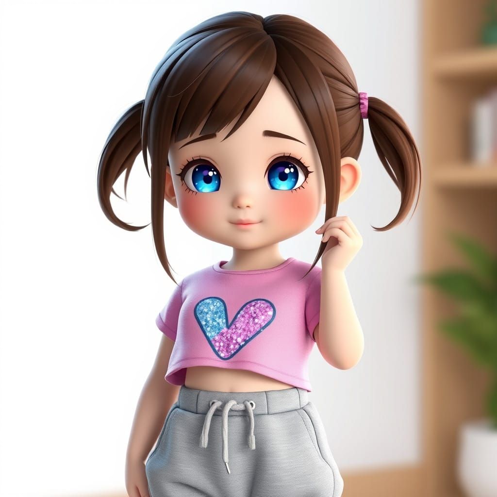 Vibrant Chibi Girl in Pastel Pink Crop Top and Baggy Grey Sw...