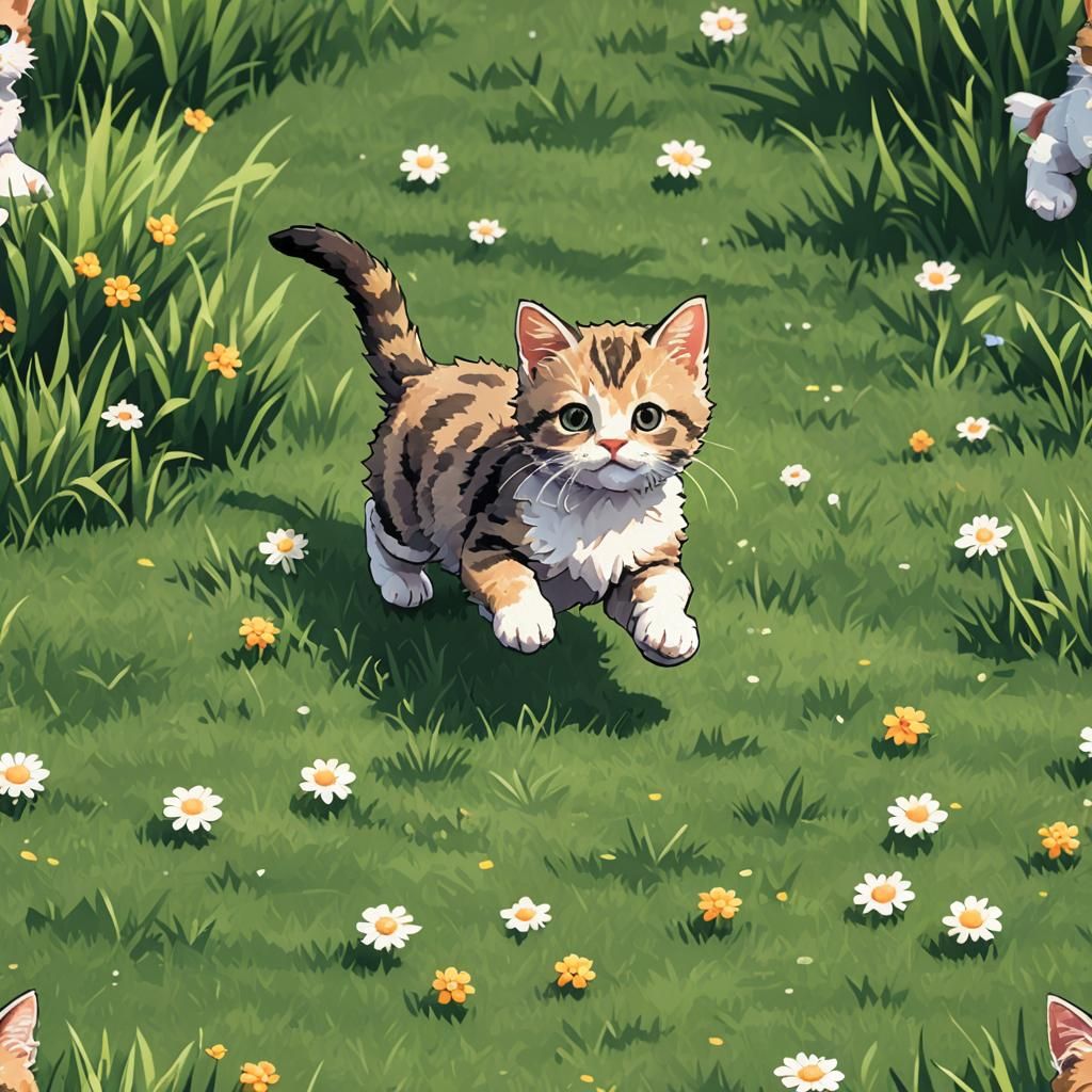 Pixel Art Kitten Running in Grassy Game