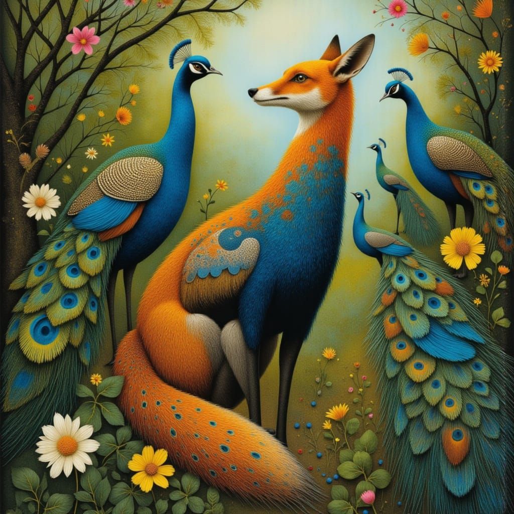 Mischievous Fox Mimics Peacocks in Enchanted Garden