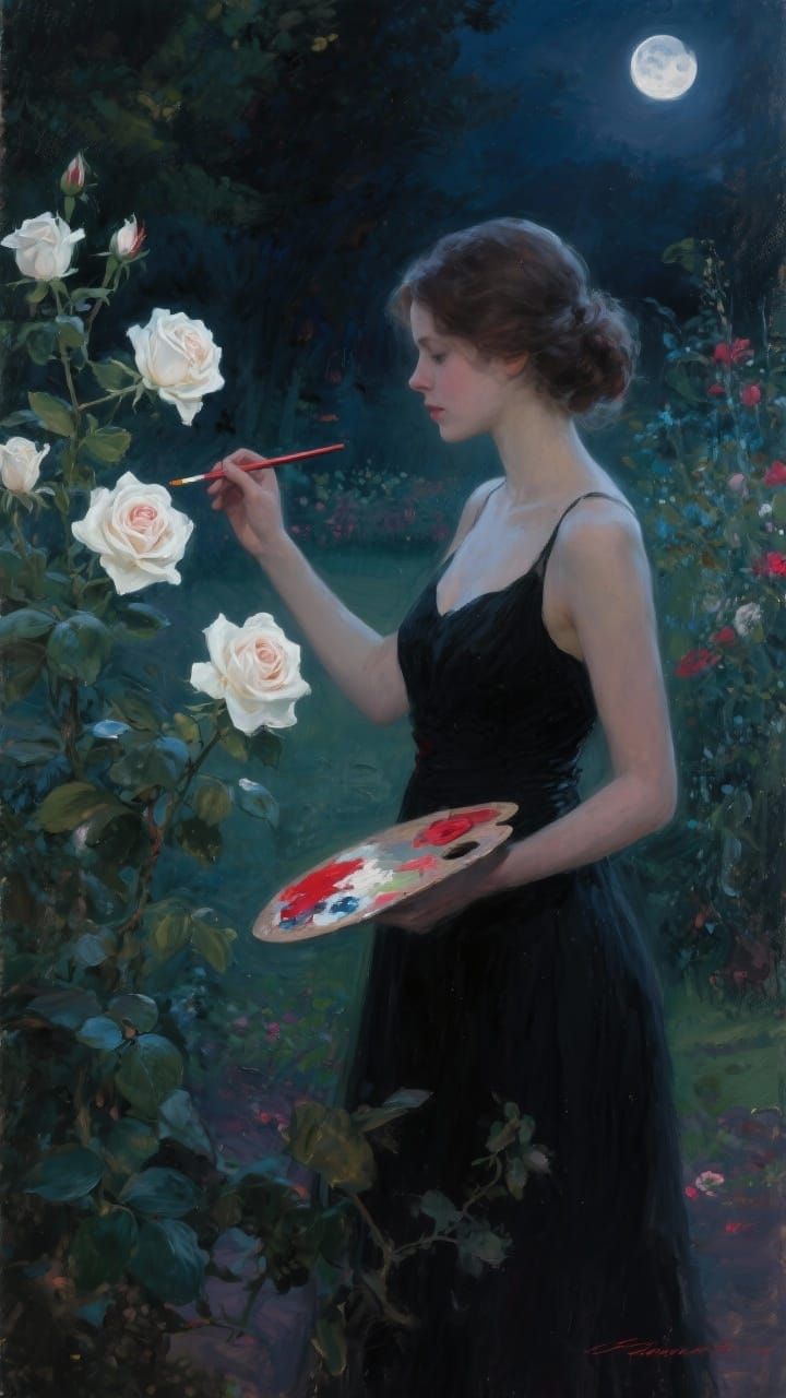 Woman Paints Roses in Moonlight Oil Painting
