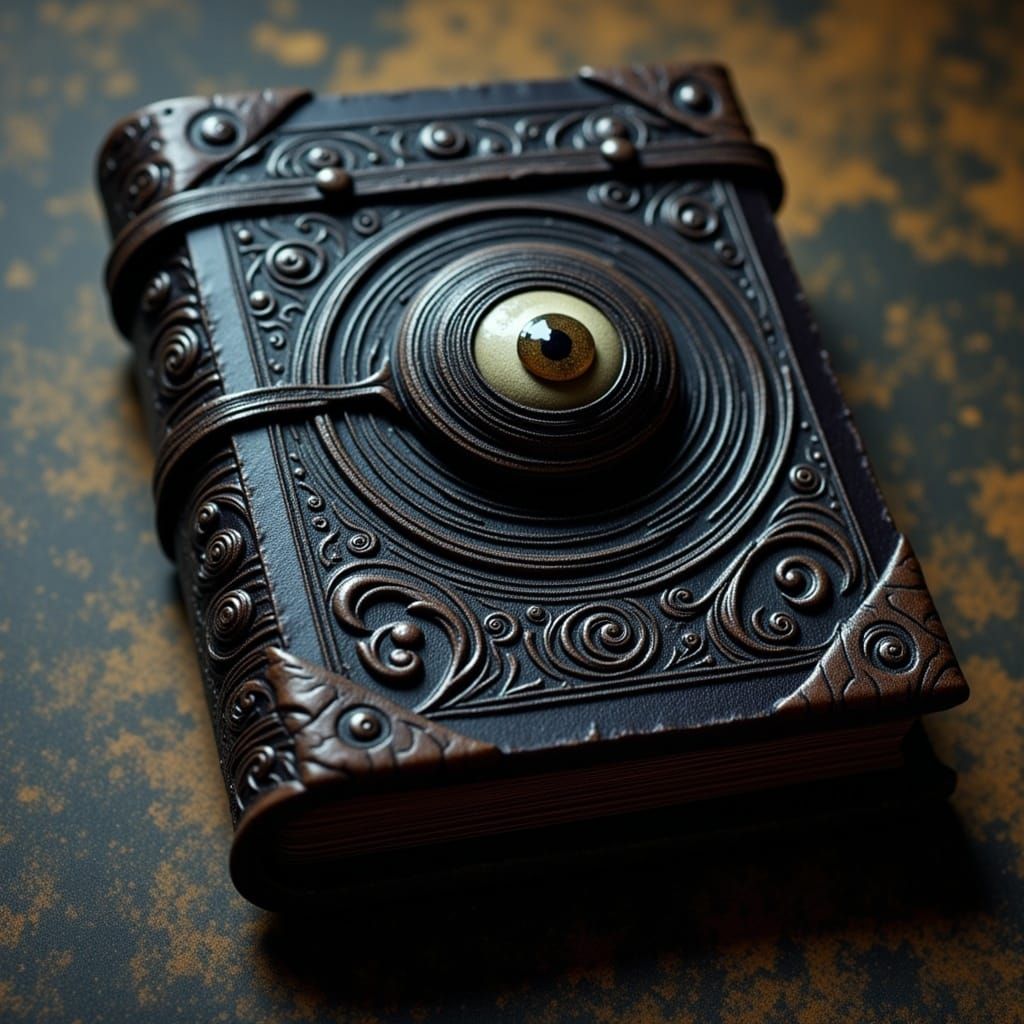 Dark Leather Spellbook with Claw Marks and Staring Eye Lock