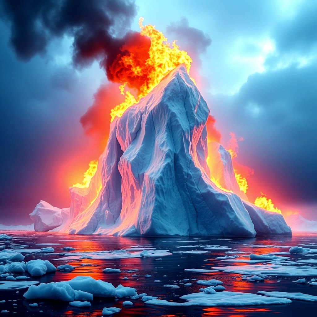 Surreal Iceberg Ablaze in Fiery Display