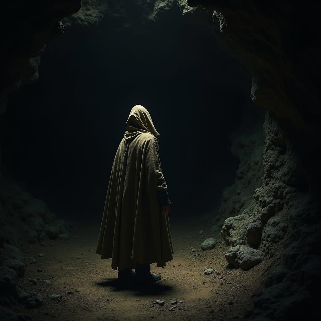 Mysterious Figure Emerges from Darkness into Ancient Cave