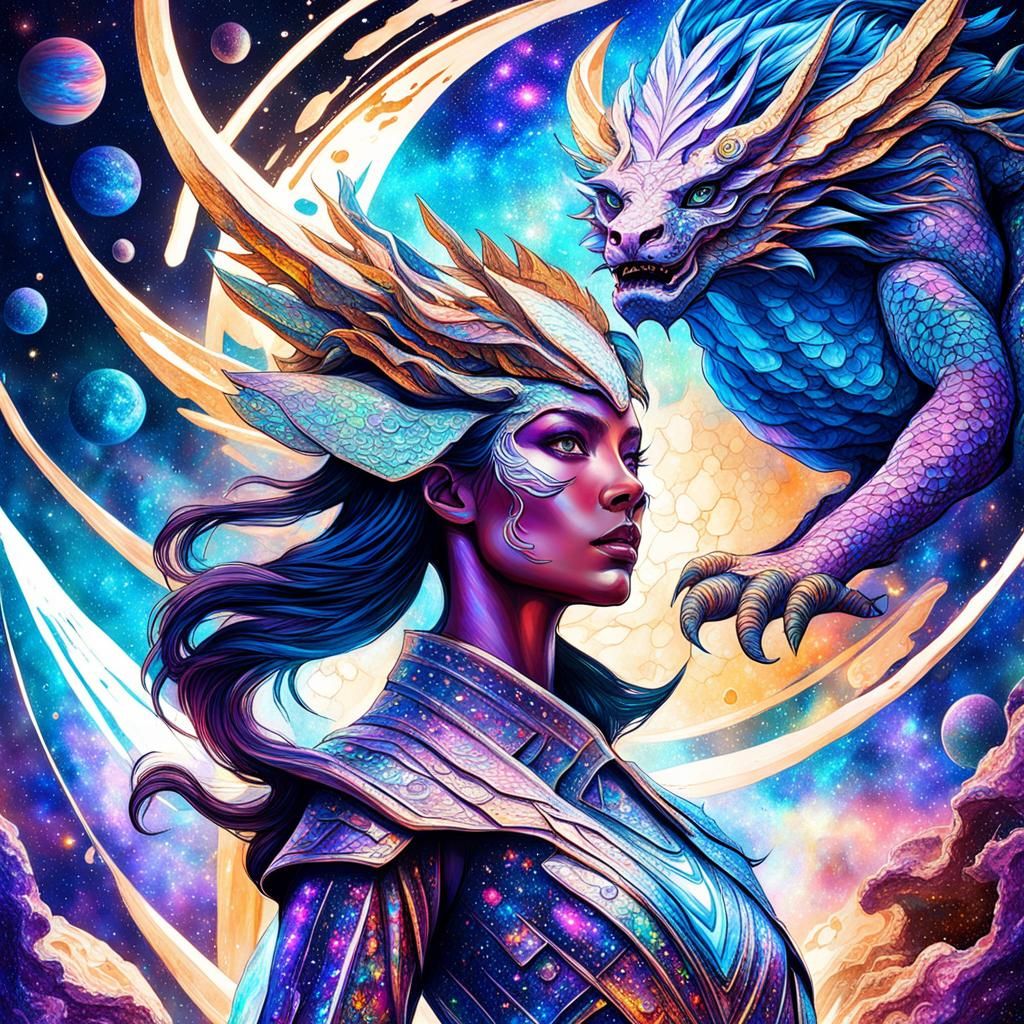 Dragon Woman Guards Galaxy in Astral Illustration