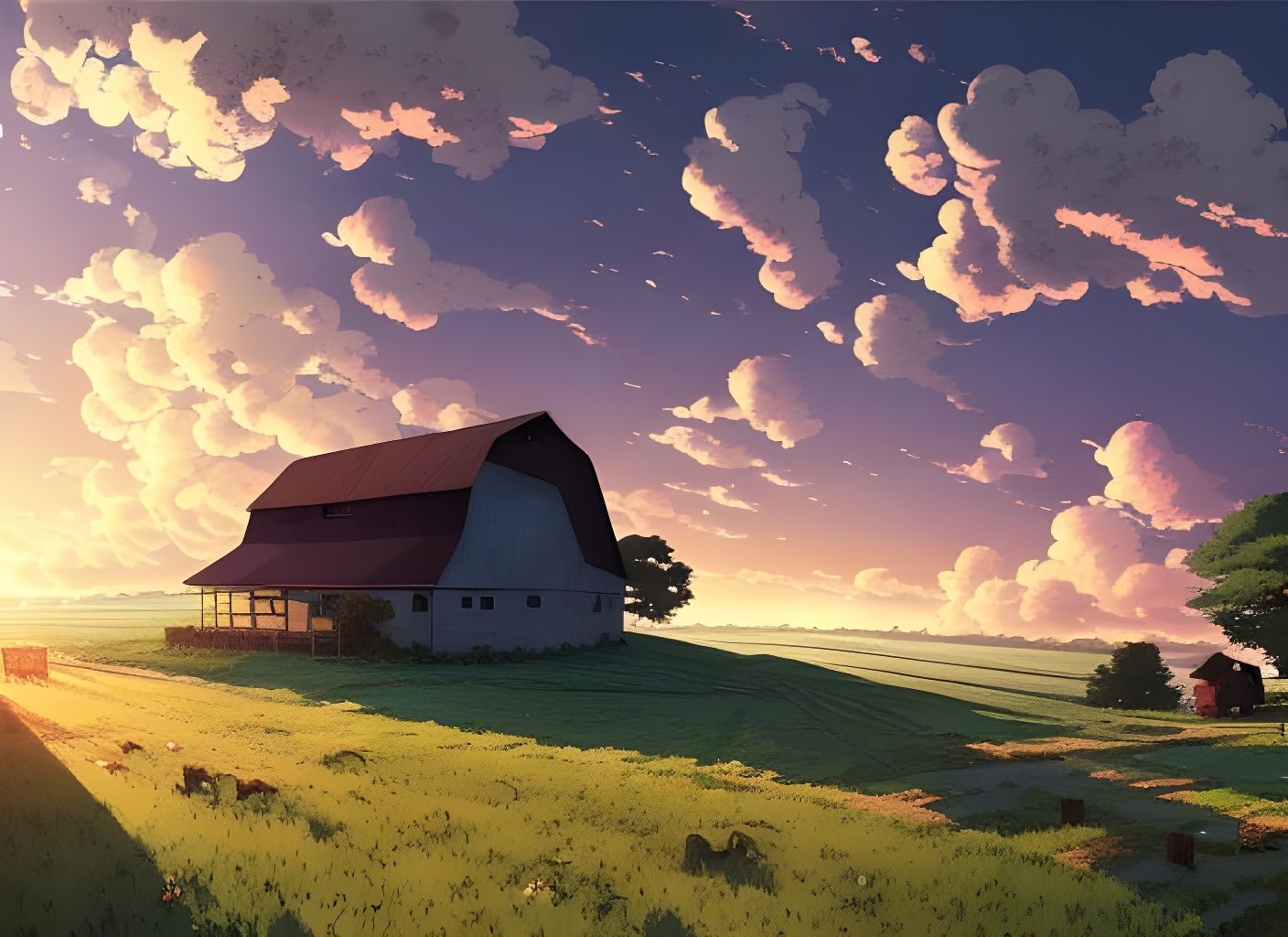 Farmhouse Sunset: Rural Landscape Illustration