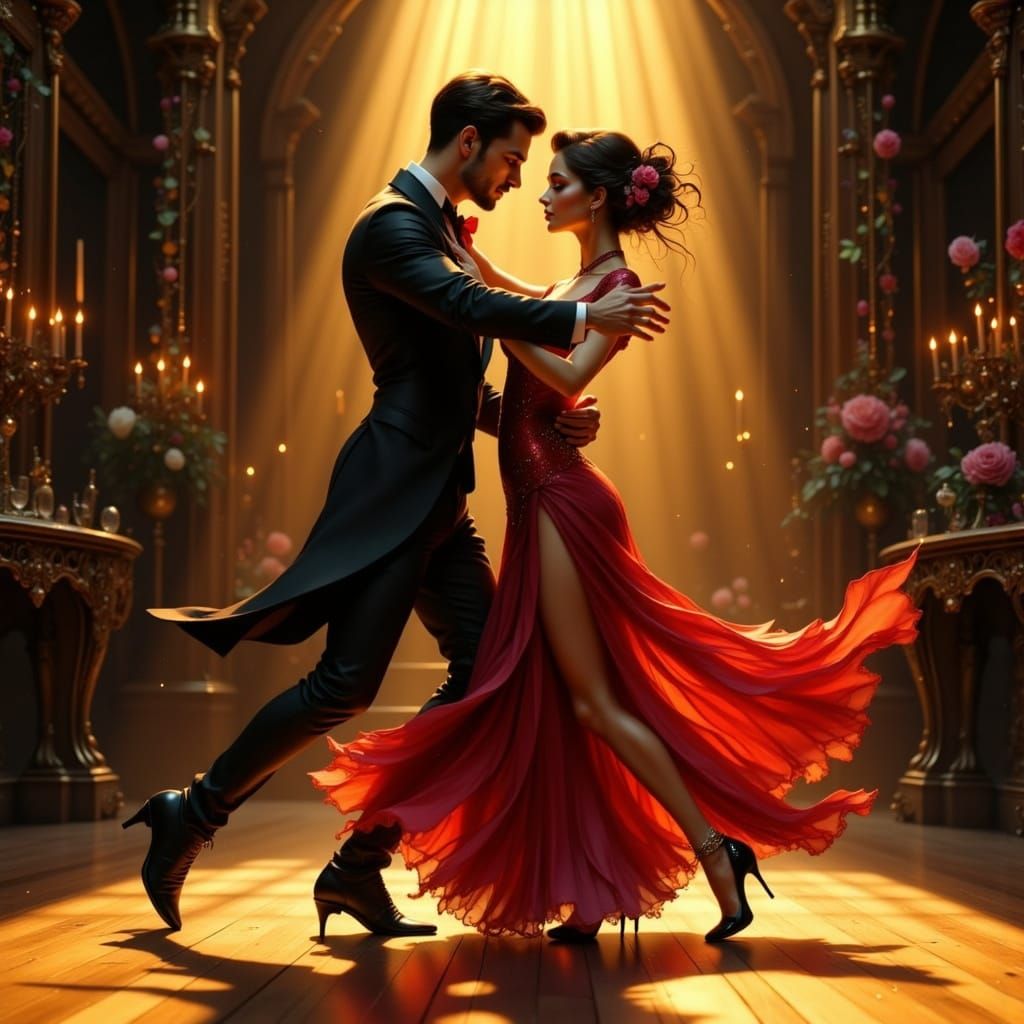 Passionate Tango Dance in Dimly Lit Ballroom