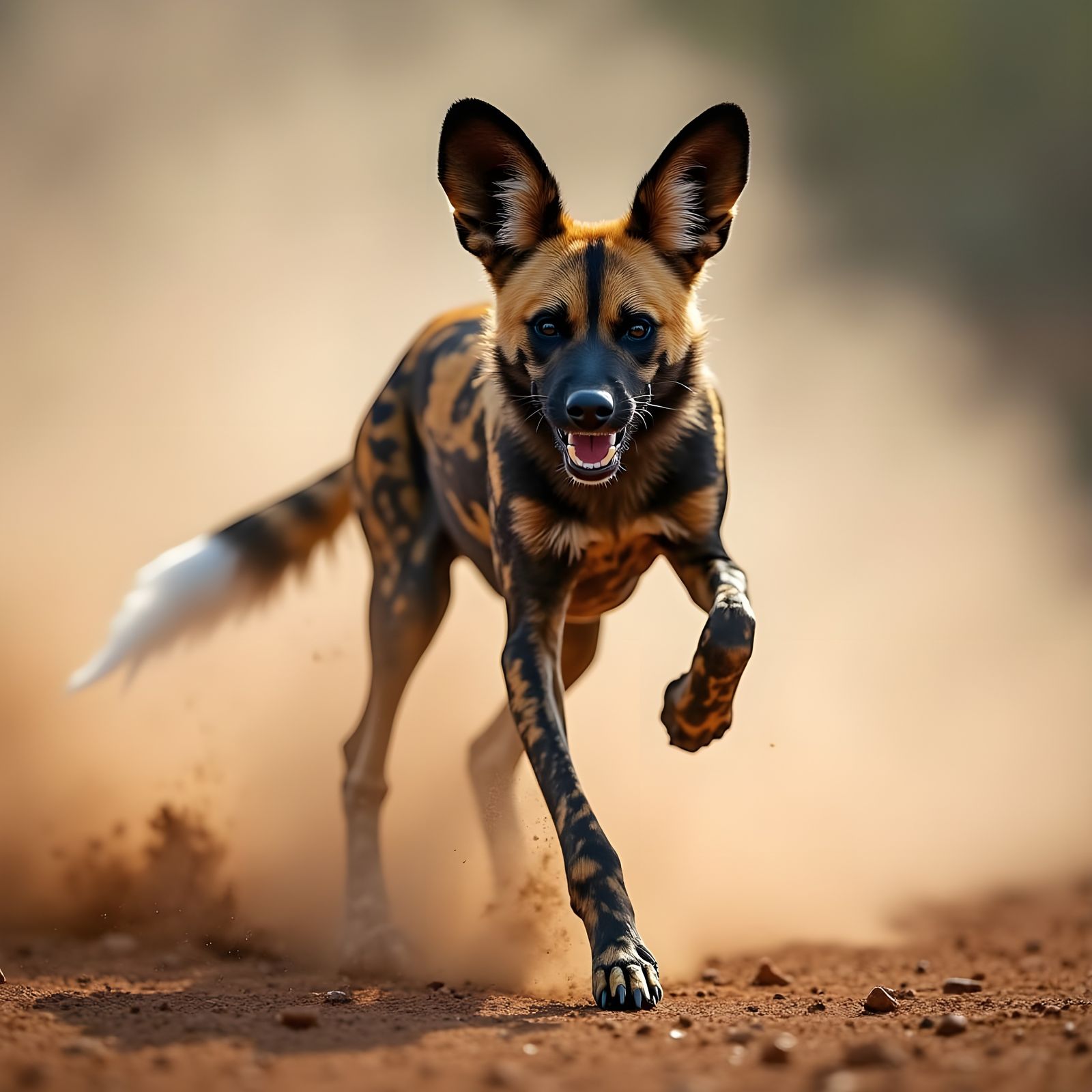 African Wild Dog Running in Dust, High Resolution