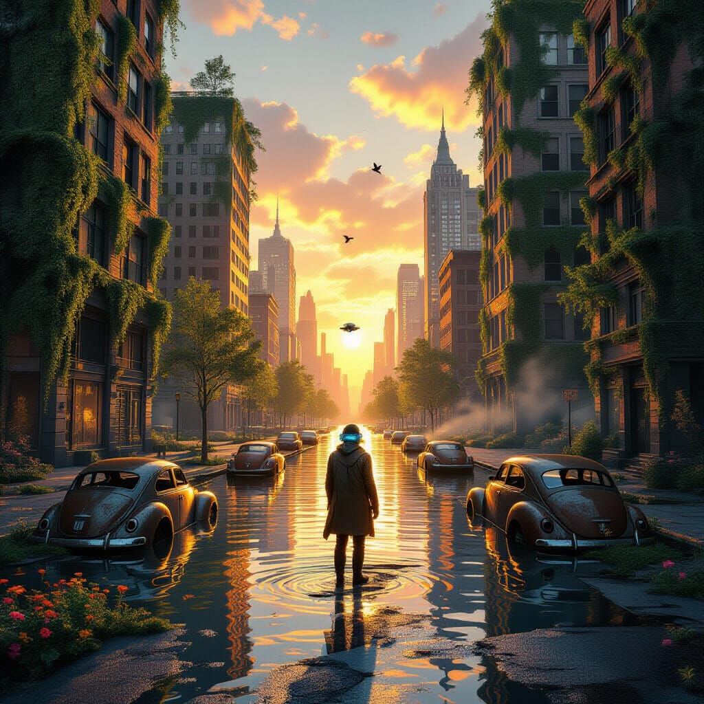 Post-Apocalyptic City Reclaimed by Nature at Sunset