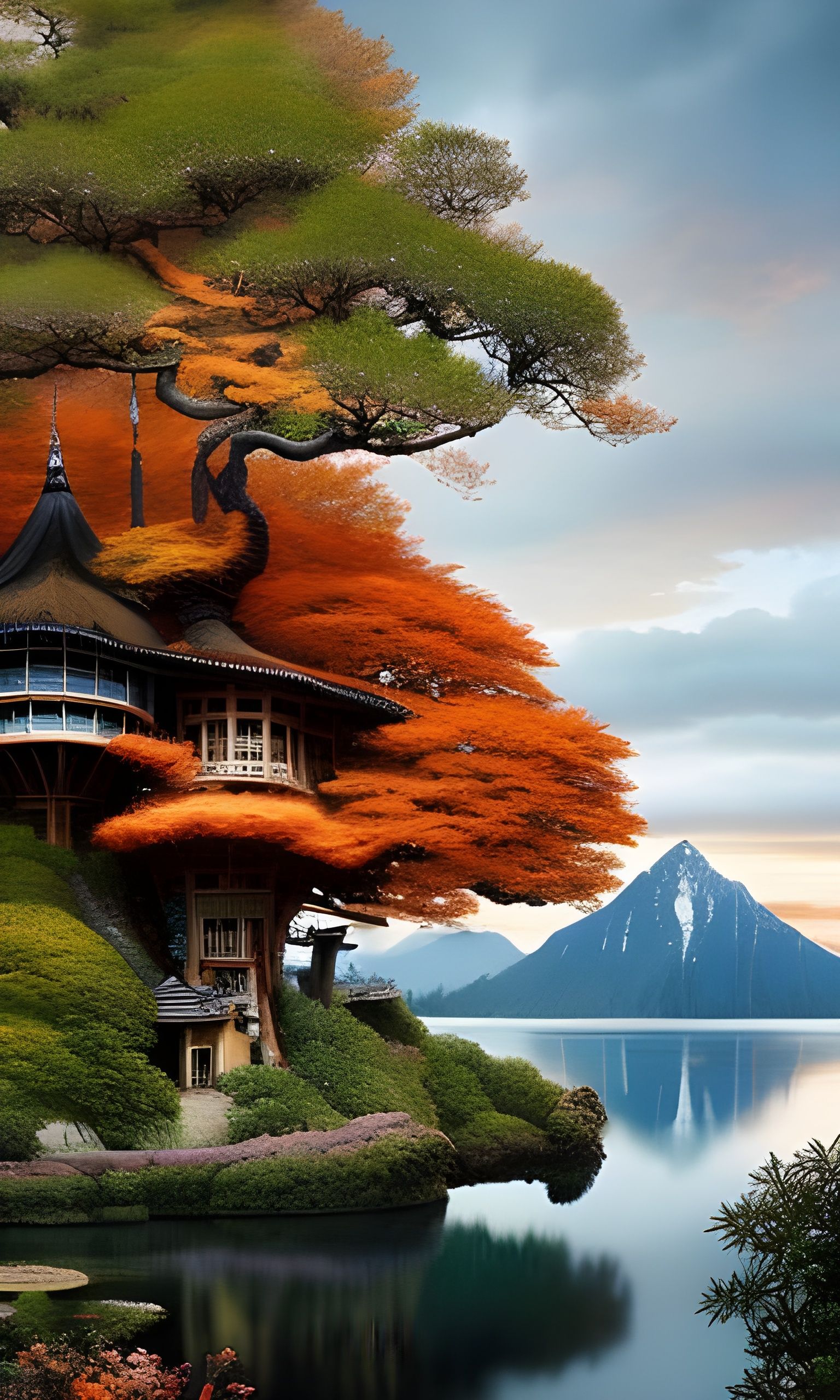 Intricate Treehouse Village by Mountain Lake