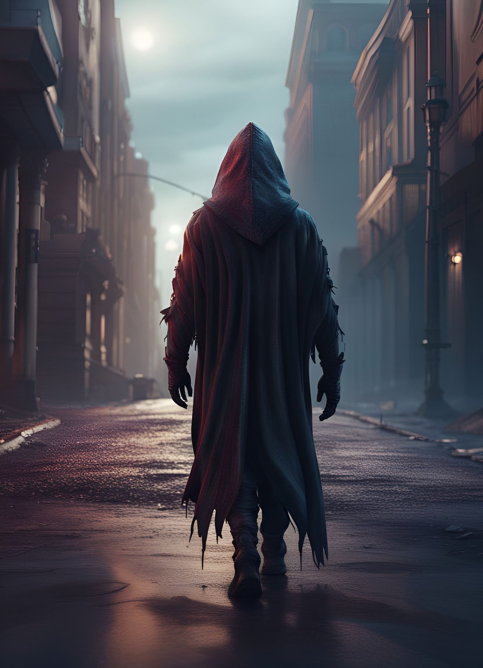 Hooded Figure in Desolate Cityscape: Matte Painting
