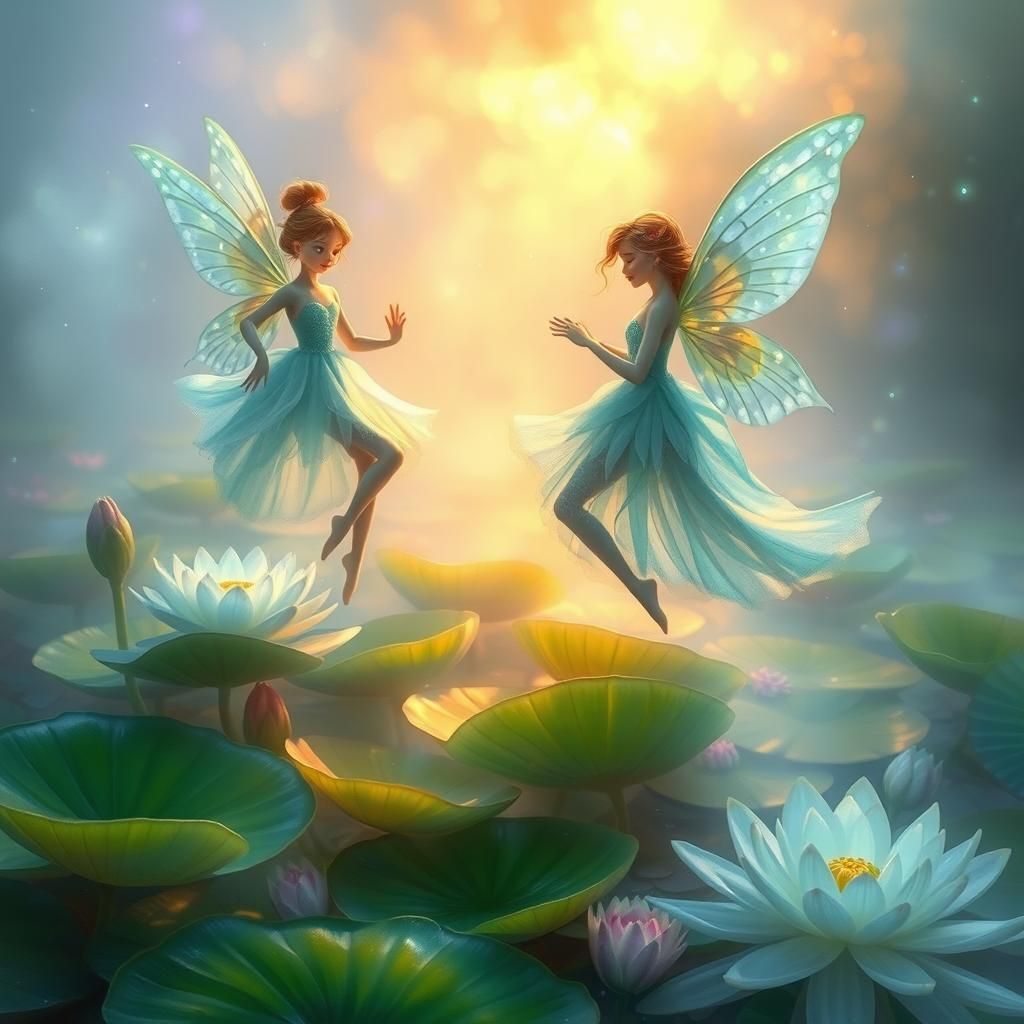 Ethereal Fairies Dancing on Lilypads in Magical Realism