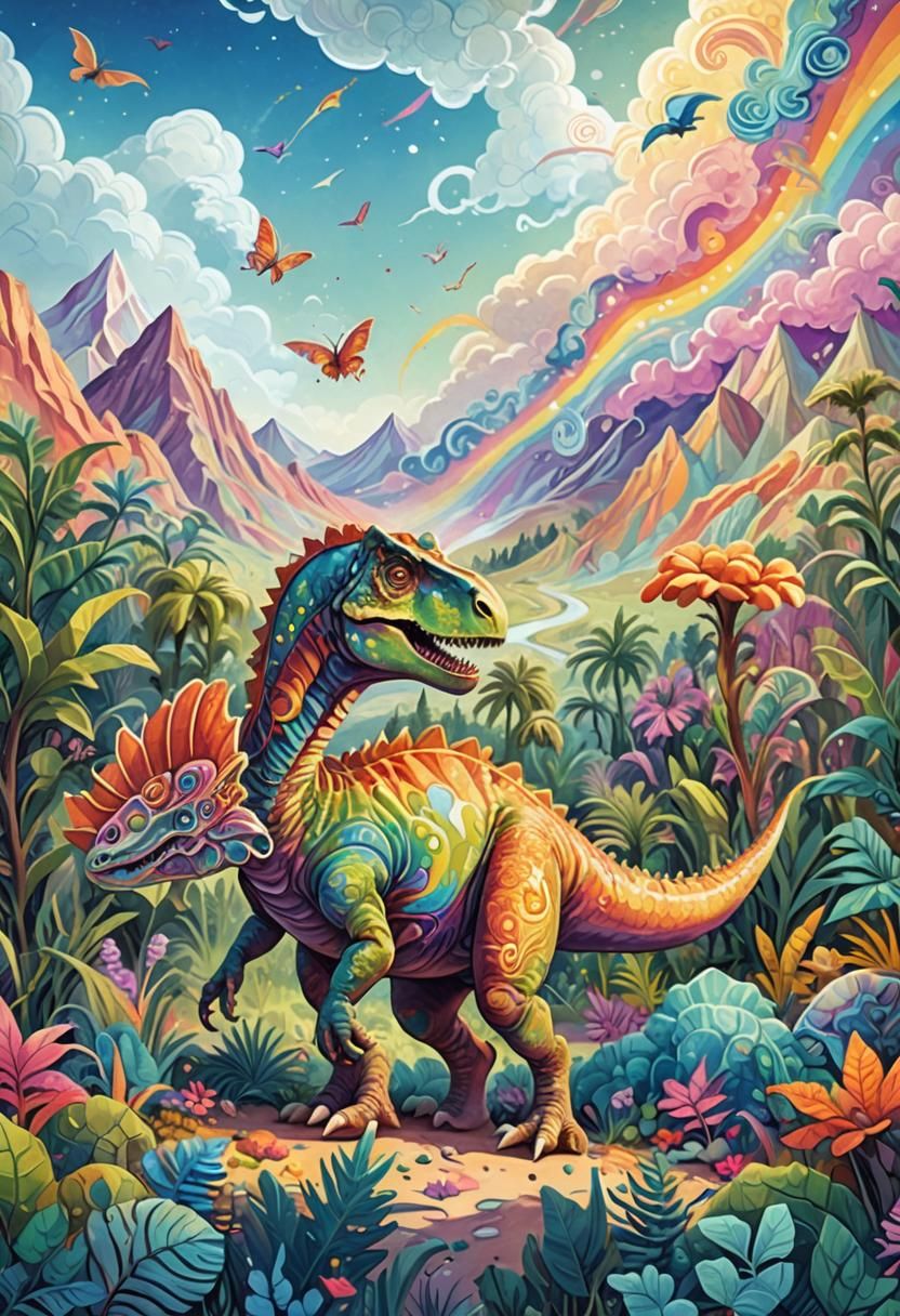 Colorful T-Rex in Gouache Candyland Fantasy Art