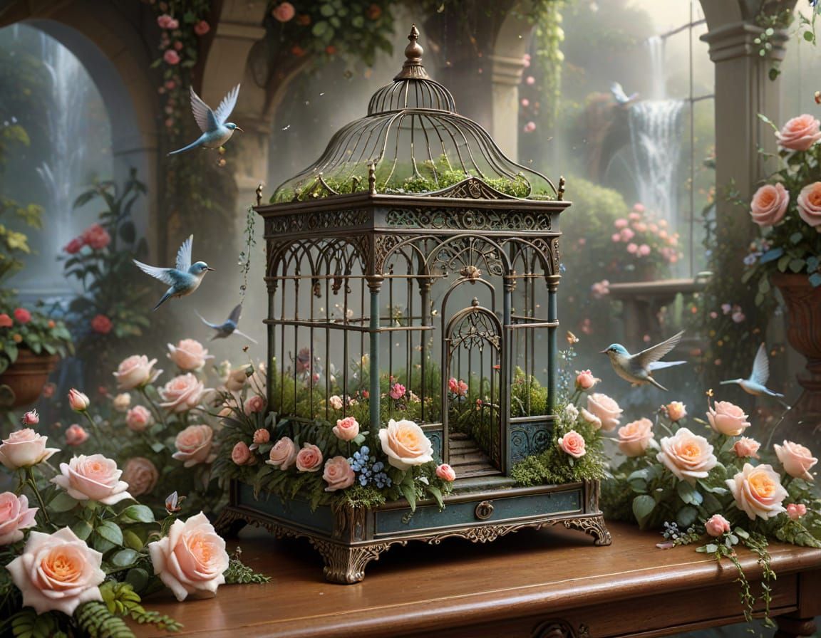 Ornate Birdcage Garden with Roses and Waterfall