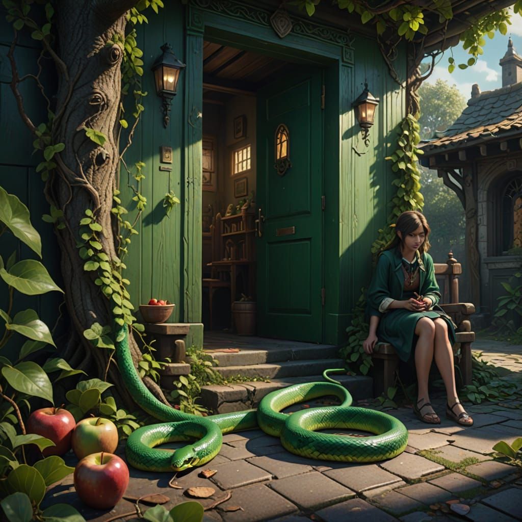 Gentle Green Snake Comforts Girl by Apple Tree