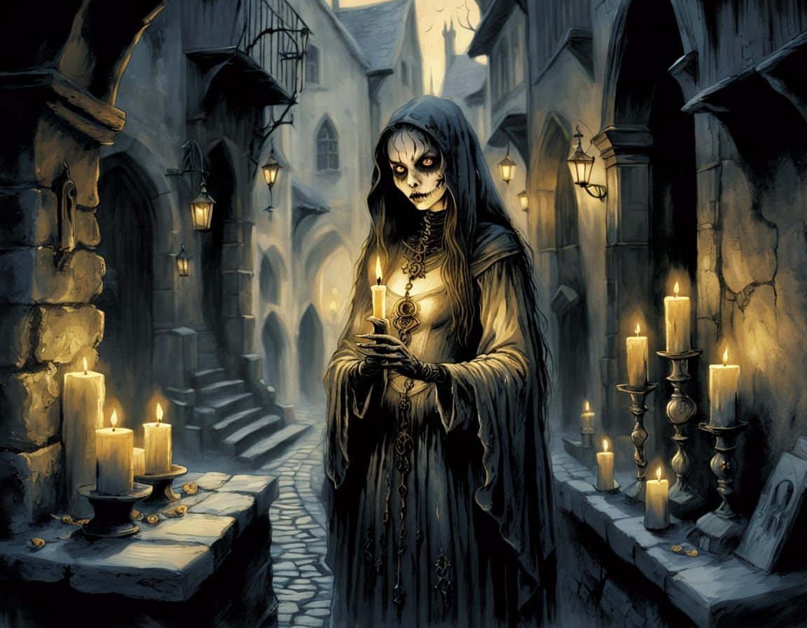 Gothic Necromancer in Medieval Street, Watercolor Illustrati...