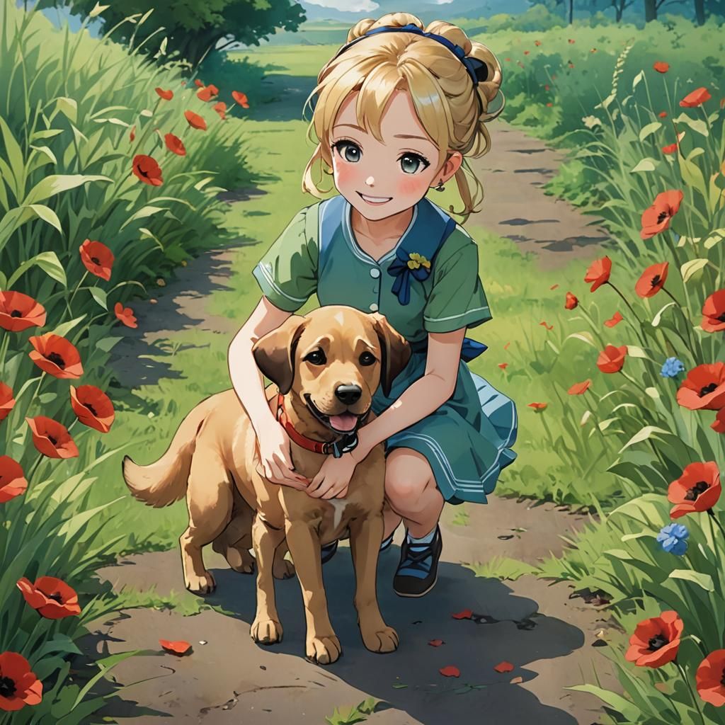 Cheerful Anime Girl and Puppy in Ghibli Style