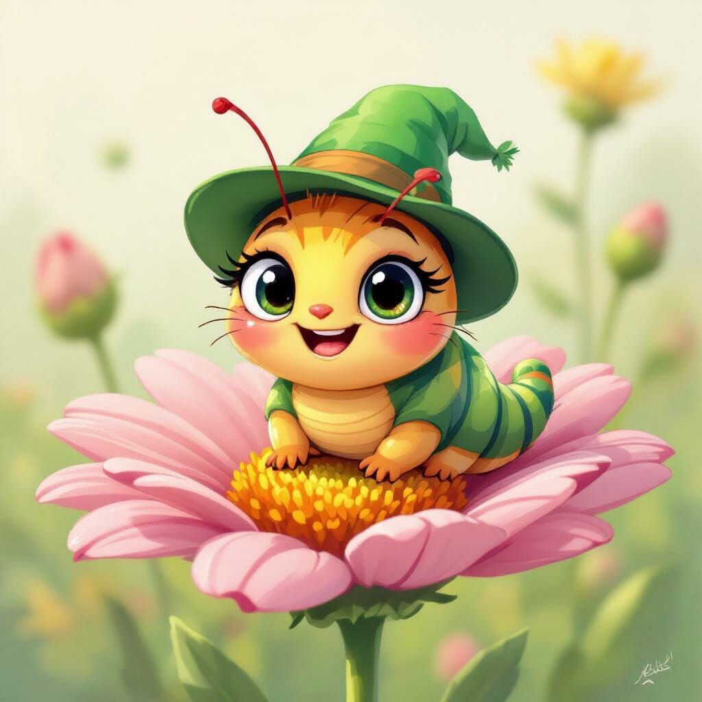 Joyful Caterpillar on Flower in Cartoon Style