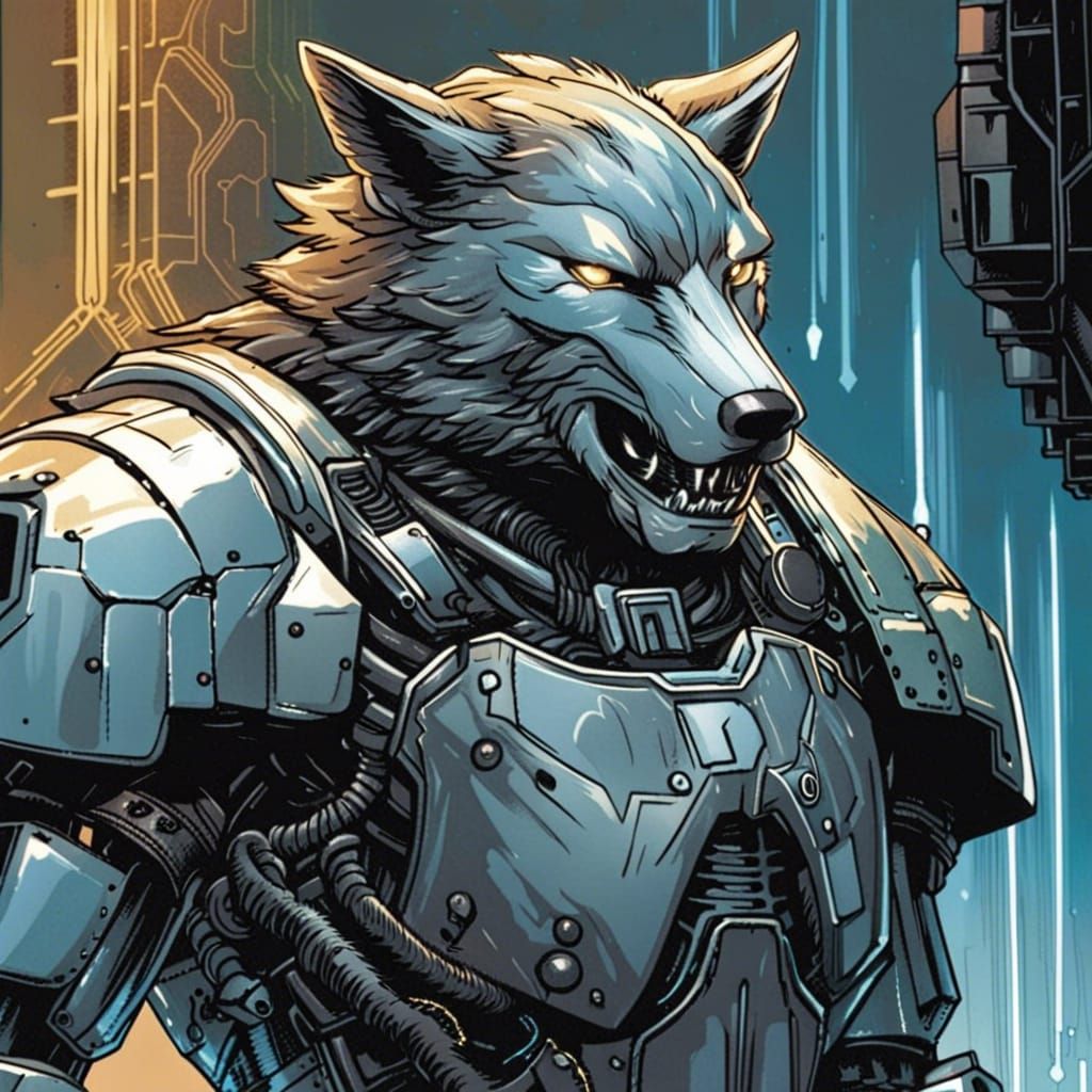 Wolf Piloting Robotic Armor in Comic Book Art