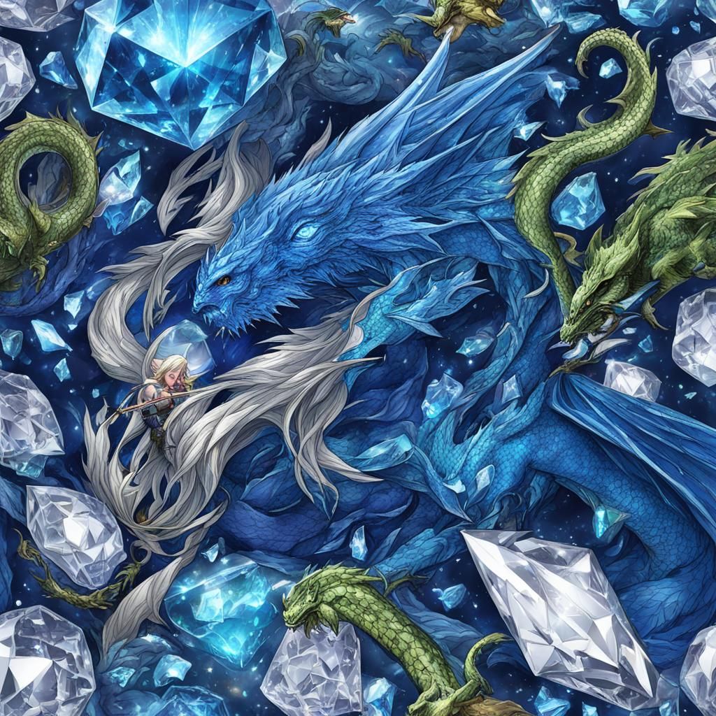 Blue Crystal Dragon and Elf Fantasy Art