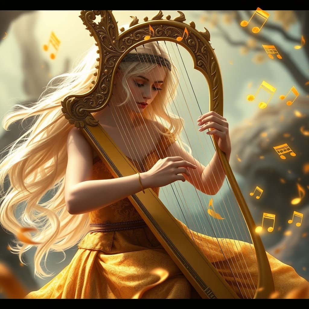 Whimsical Harpist in a Fantastical Setting