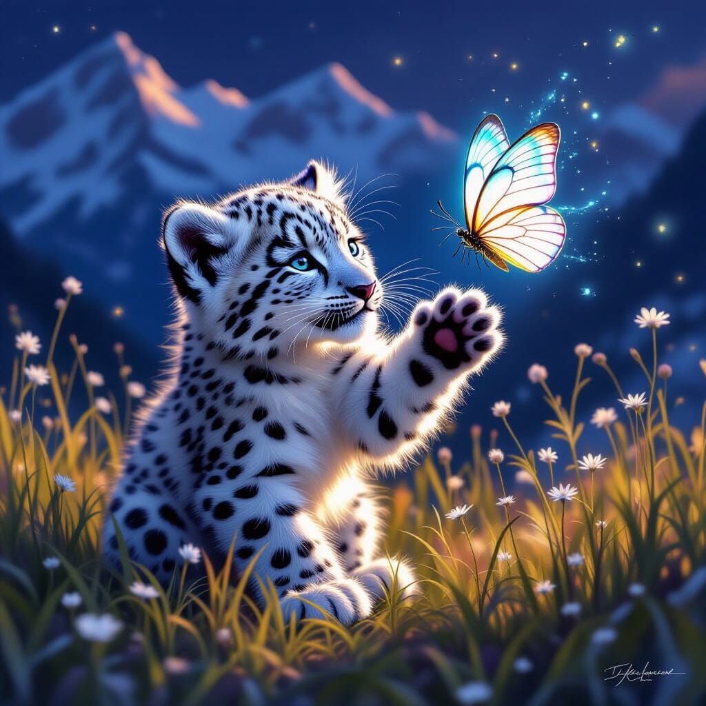 Snow Leopard Cub and Butterfly in Ethereal Digital Art