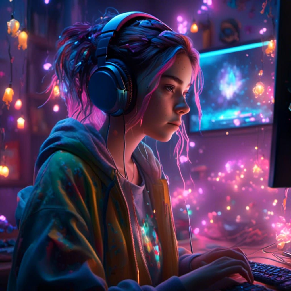 Hyperreal Teenage Gamer Girl Portrait in Dark Bedroom