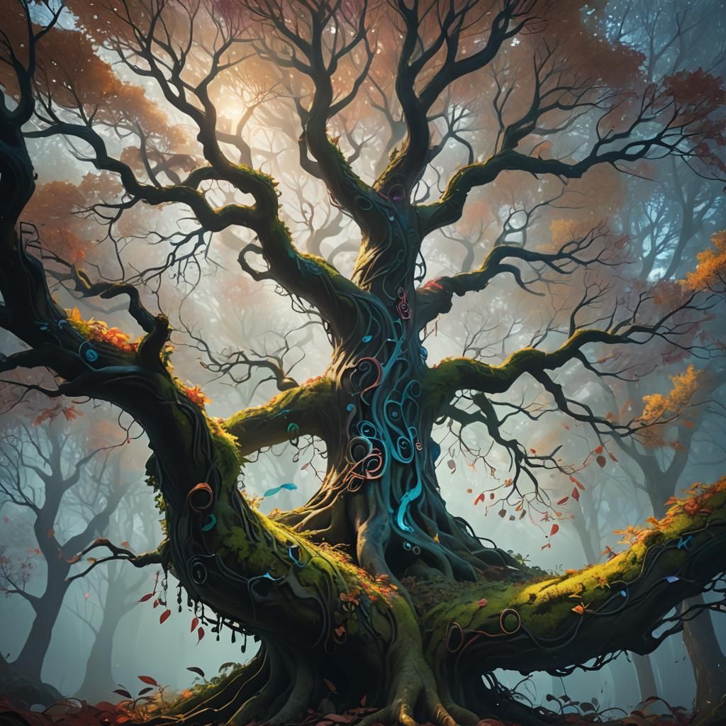 Musical Tree in Misty Forest: Fantasy Concept Art