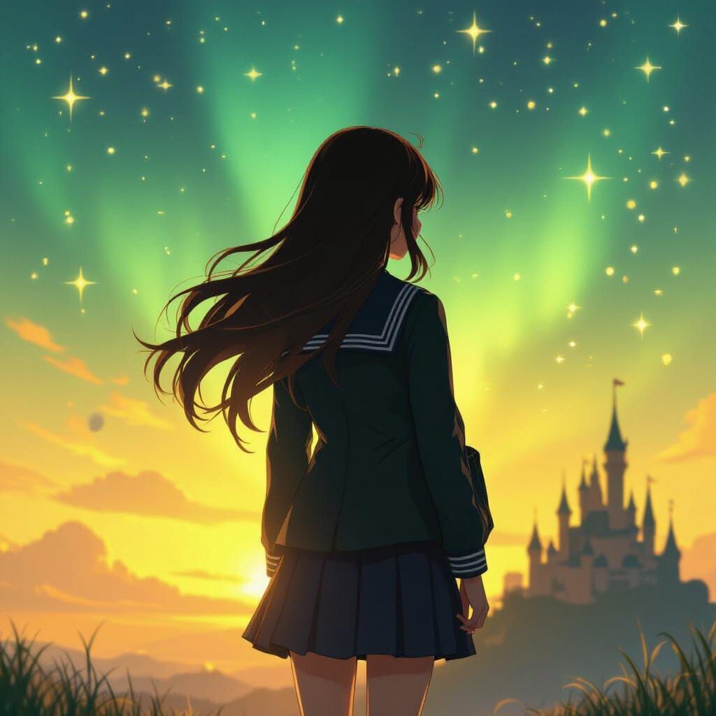 Anime Schoolgirl Silhouette Under Starry Sky