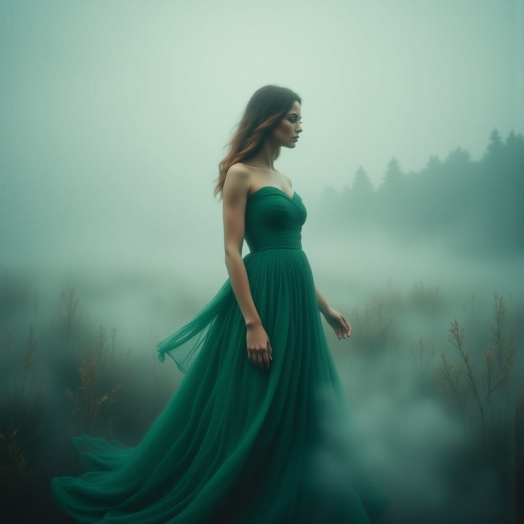 Woman in Emerald Gown Emerges from Ethereal Fog