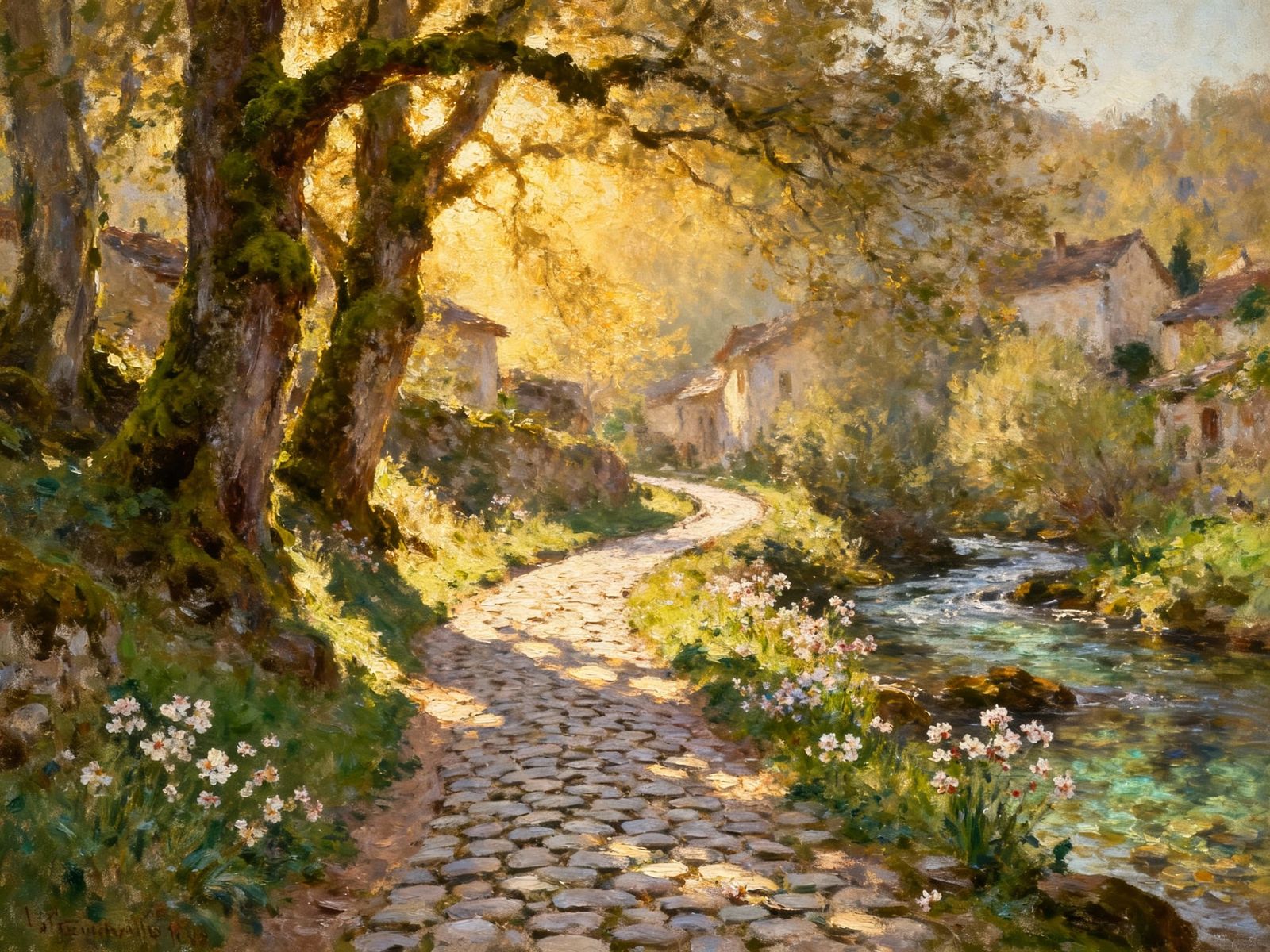 A serene village nestled within a hidden natural sanctuary