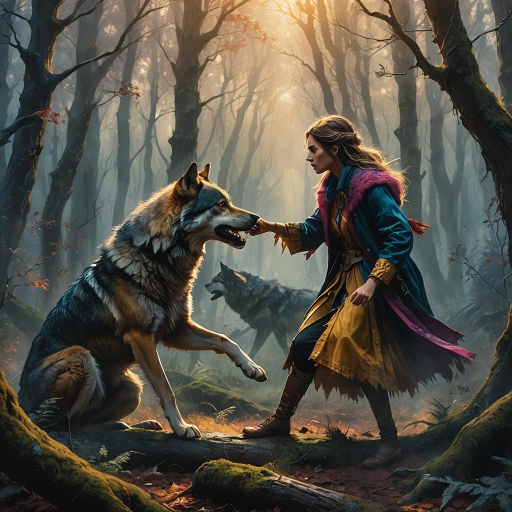 Girl and Wolf Fight in Mystical Forest Oil Painting