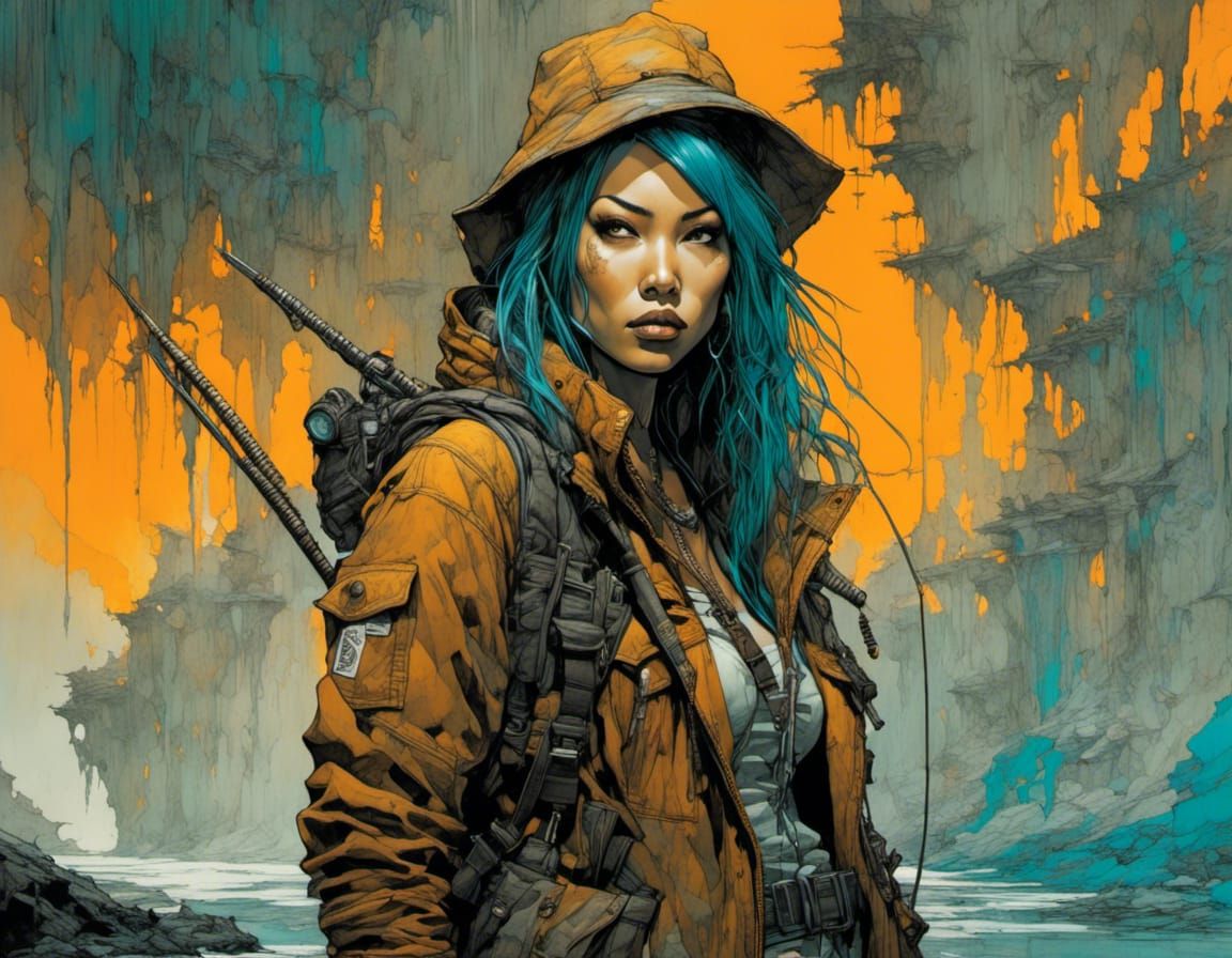 Edgy Female Fisherman in Post-Apocalyptic World
