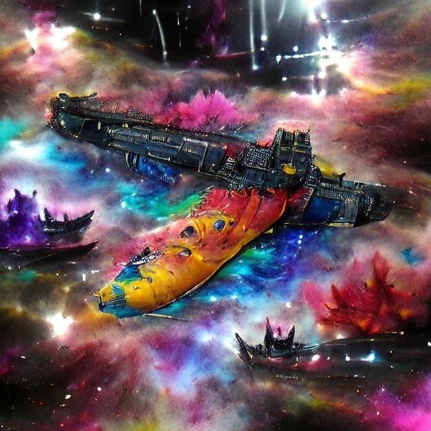 Futuristic Battleship Soaring Through Colorful Nebula