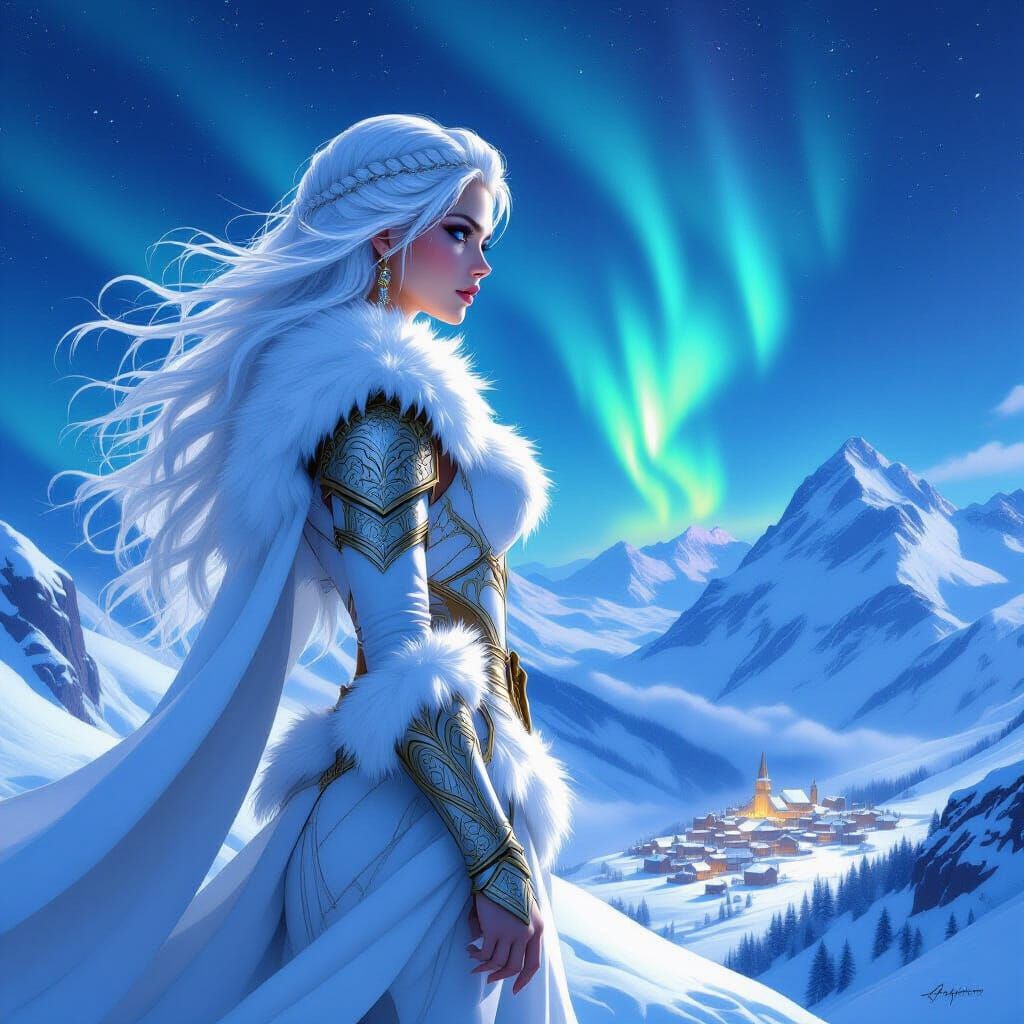 Epic Giantess Overlooks Village in Heroic Fantasy Style