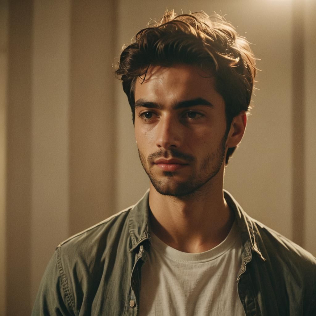 Young Man Smiling at Reflection in Cinematic Style