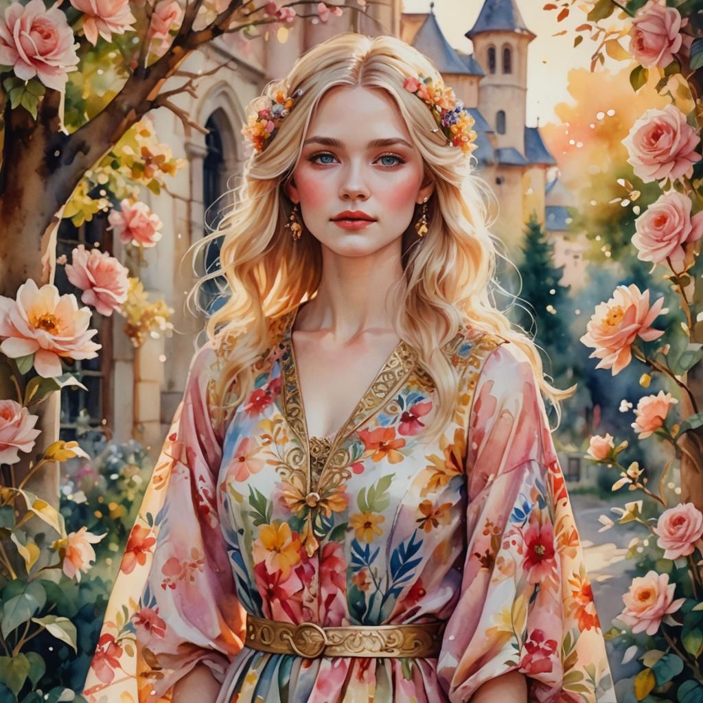 Woman in Floral Outfit in Watercolor Dream Style