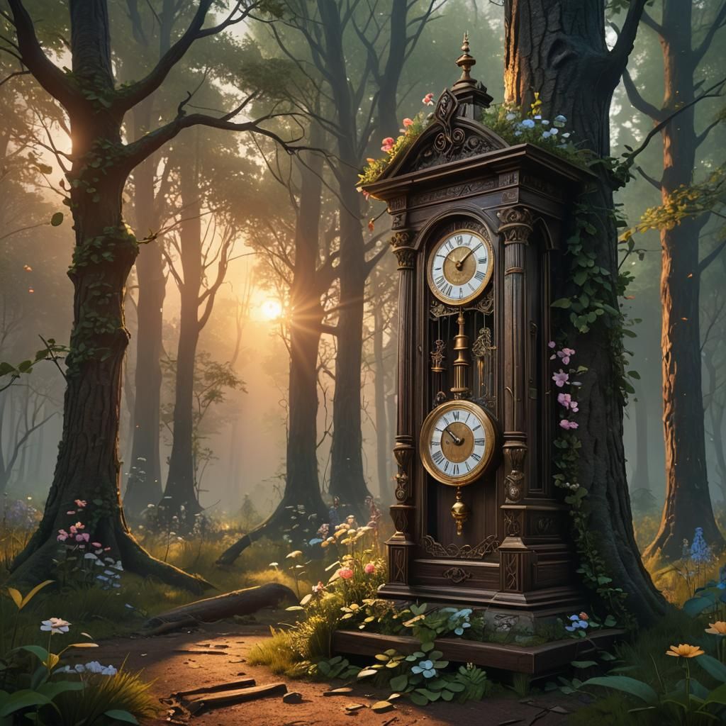 Old Clock in Deep Forest: Matte Painting