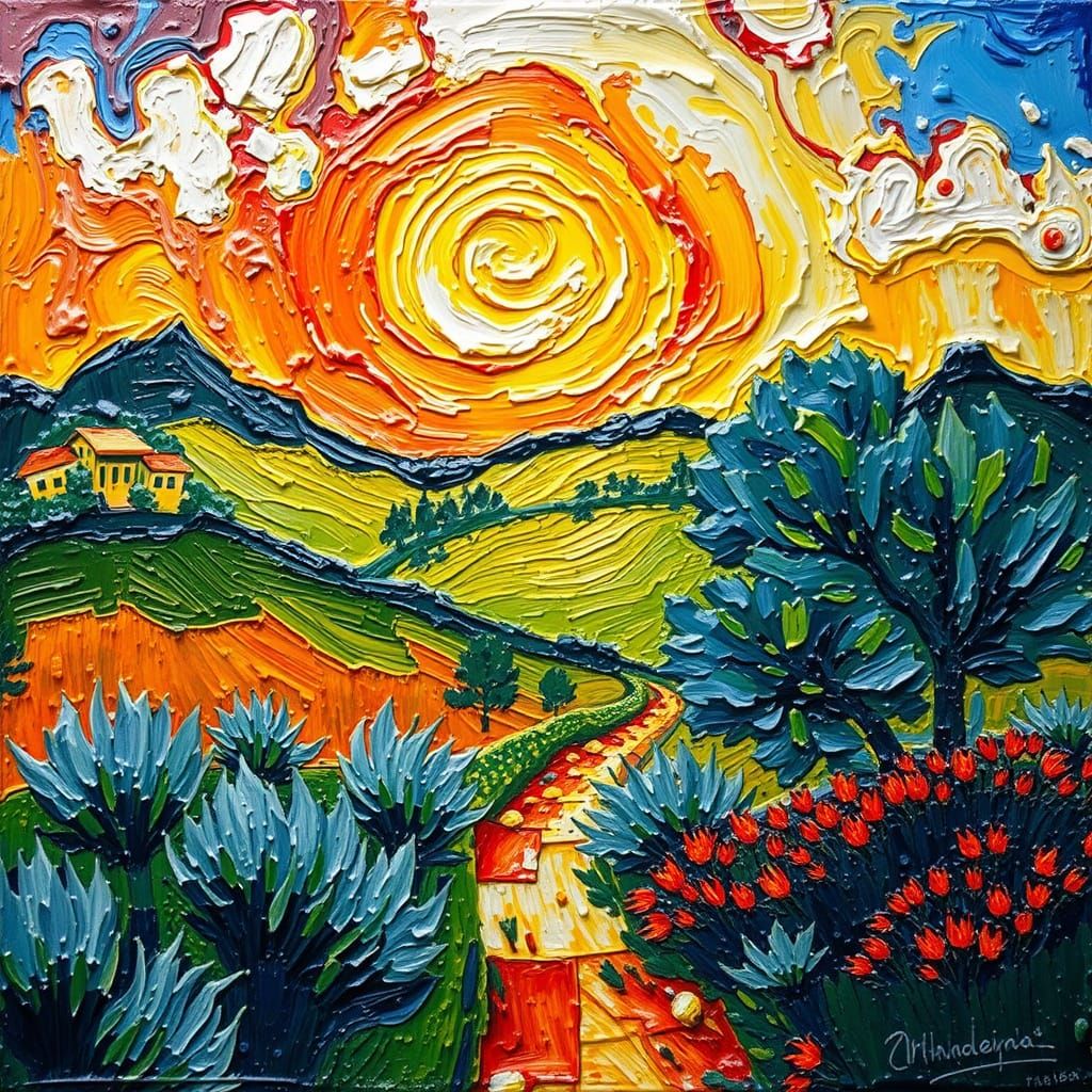 Impasto Painting of Vibrant, Expressive Scene with Thick, He...