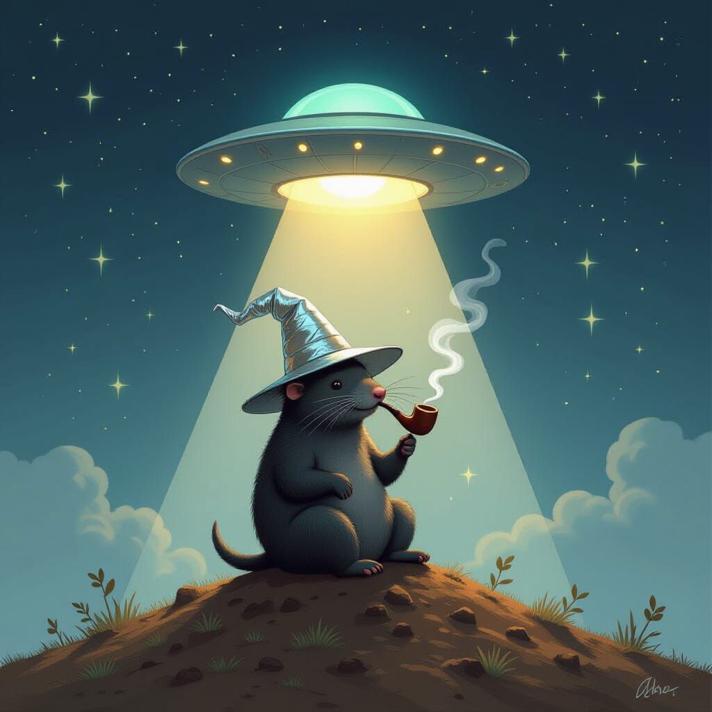 Mole in Tinfoil Hat with UFO, Whimsical Digital Painting