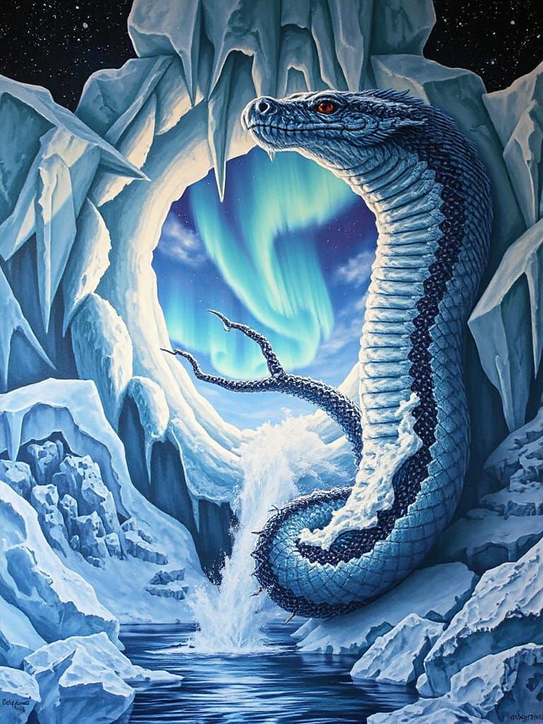 Colossal Frost Serpent Erupts From Icy Mural