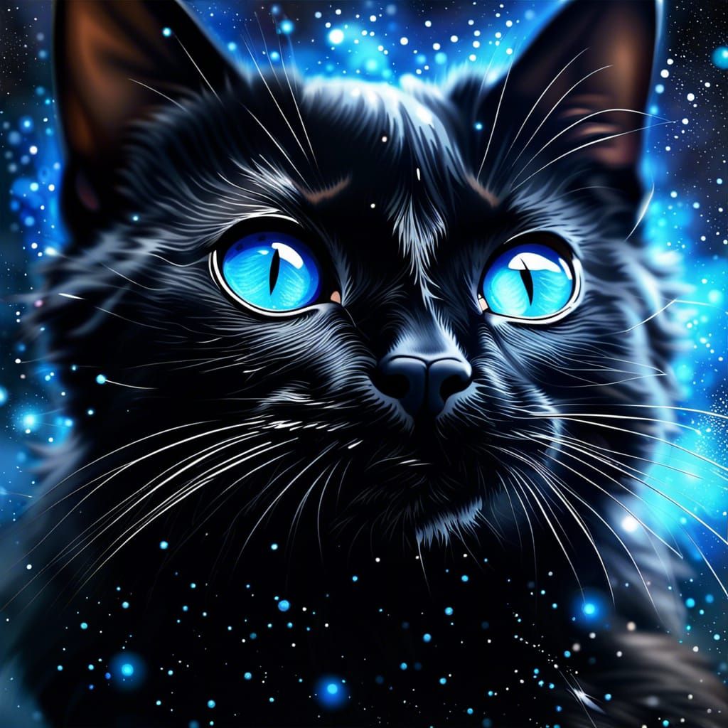 Black Kitten with Blue Eyes in the Stars