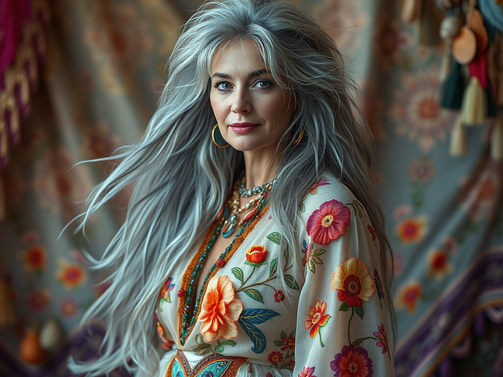 Hippy Woman in Floral High-Fashion Ensemble