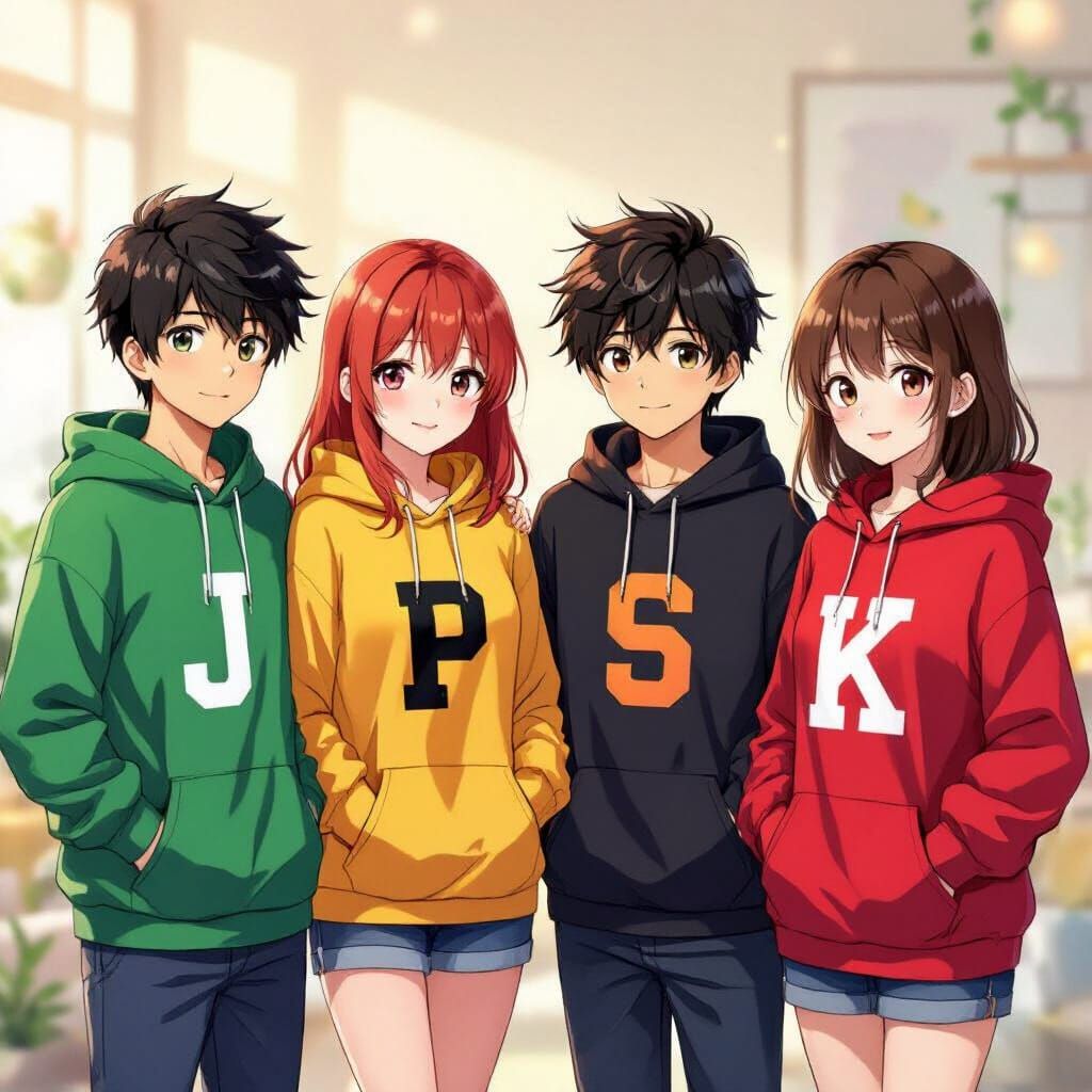 Anime Friends in Custom Letter Hoodies, Vibrant Friendship