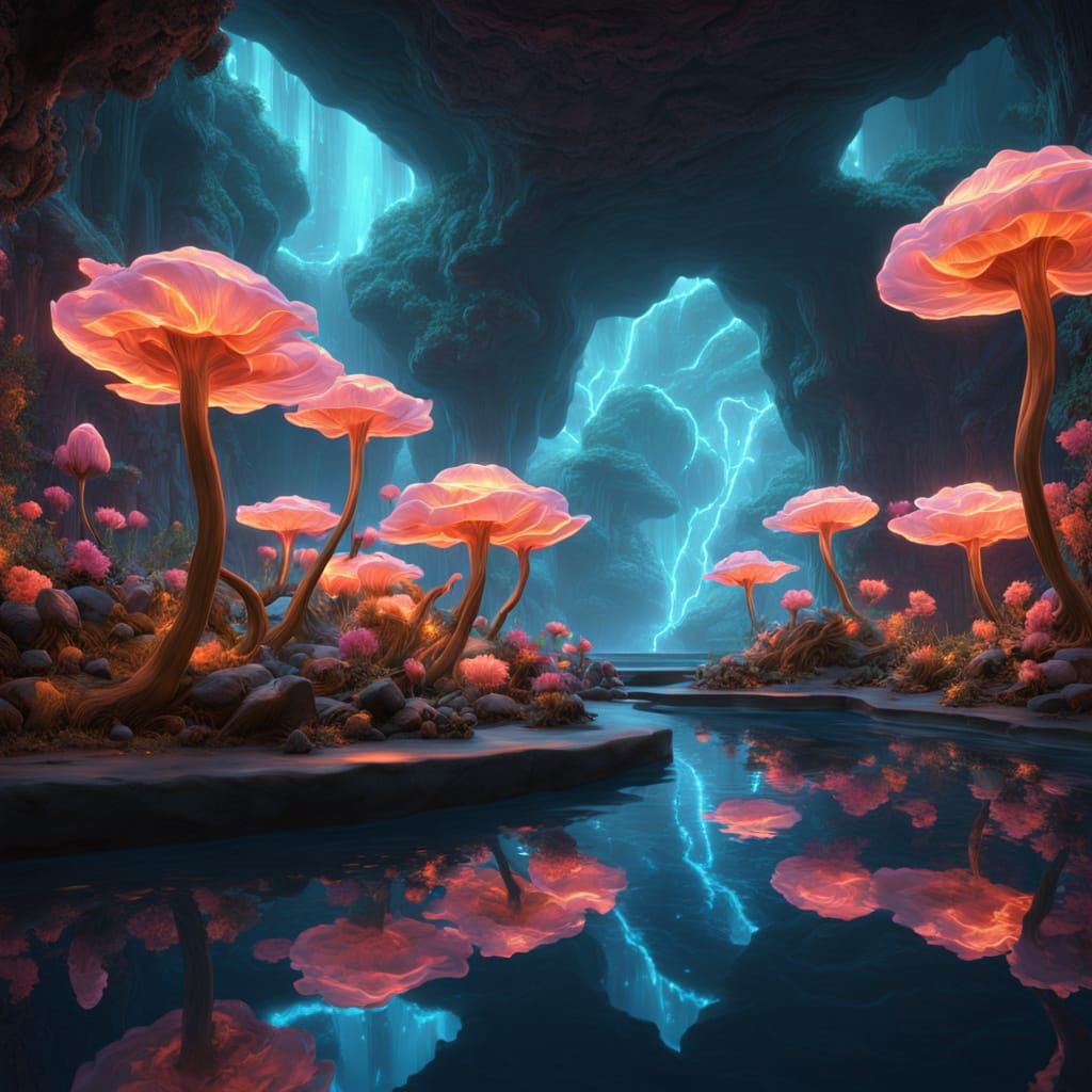 Surreal Fantasy Flower in Neon Glimmering Rosebuds, Cyberpun...