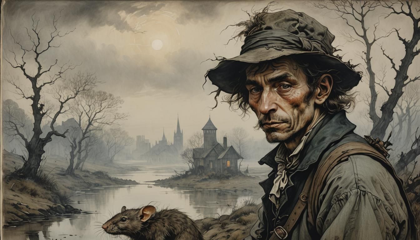 Victorian Rat Catcher Portrait in Foggy Landscape