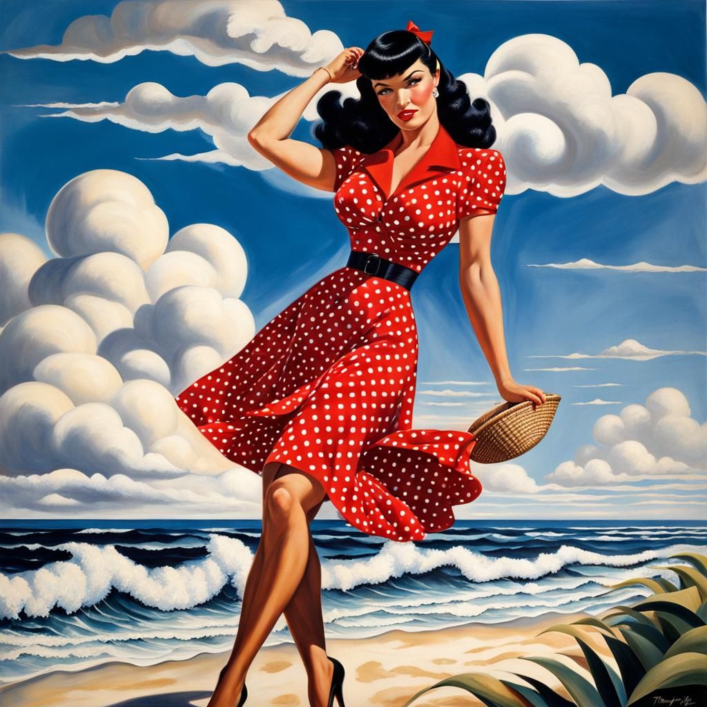 Bettie Page in Red Dress, Art Deco Style