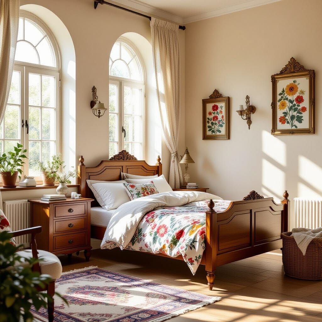 Sunlit Polish Bedroom with Folk Art Decor