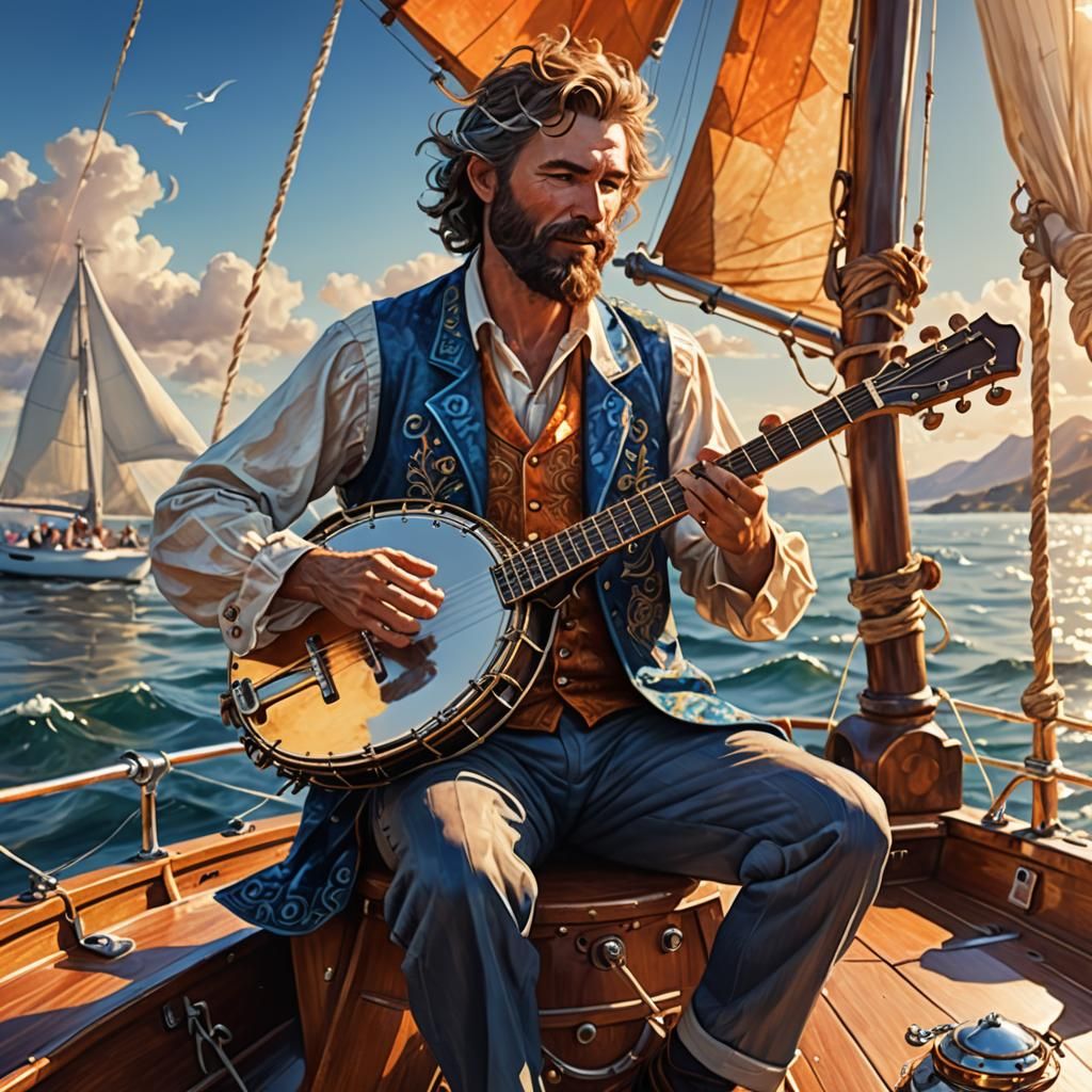 Fantasy Banjo Player on Sailing Ship Deck