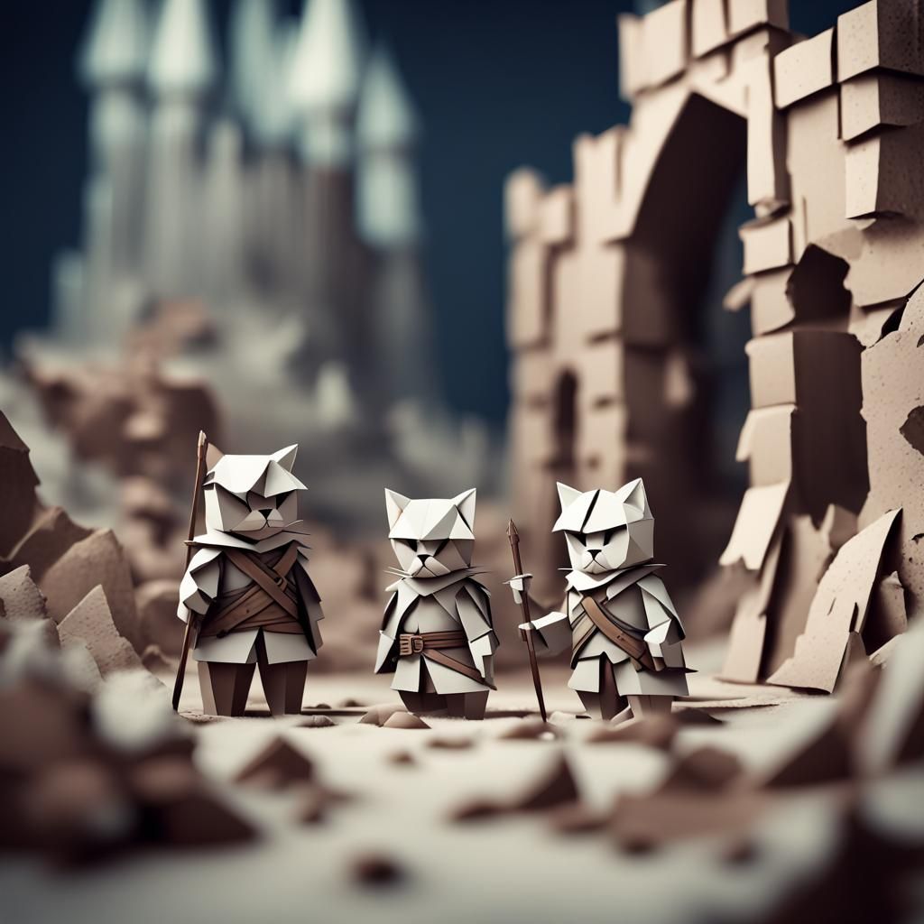 Arctic Castle Ruins with Cat Scouts in Origami Style